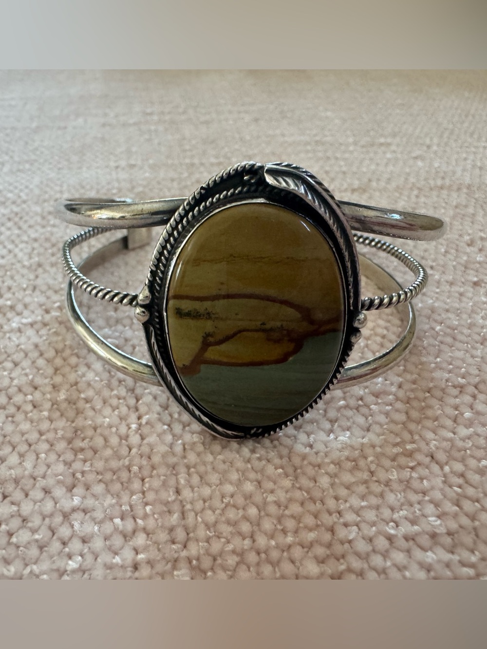 Vtg Sterling Picture Jasper Cuff Bracelet Signed Jess H Handmade Navajo Style